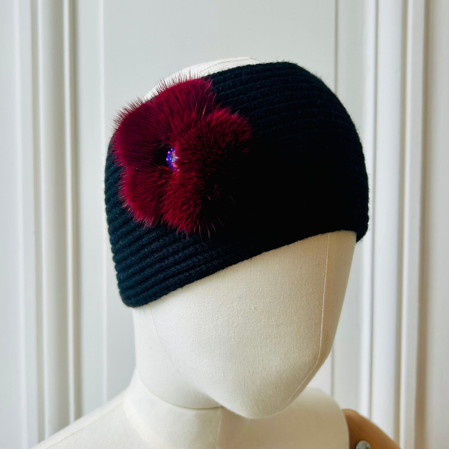 Bandeau à cotes fleur tricoté en France 100% merinos