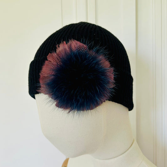 Bonnet noir à fines cotes tricoté en France 100% merinos