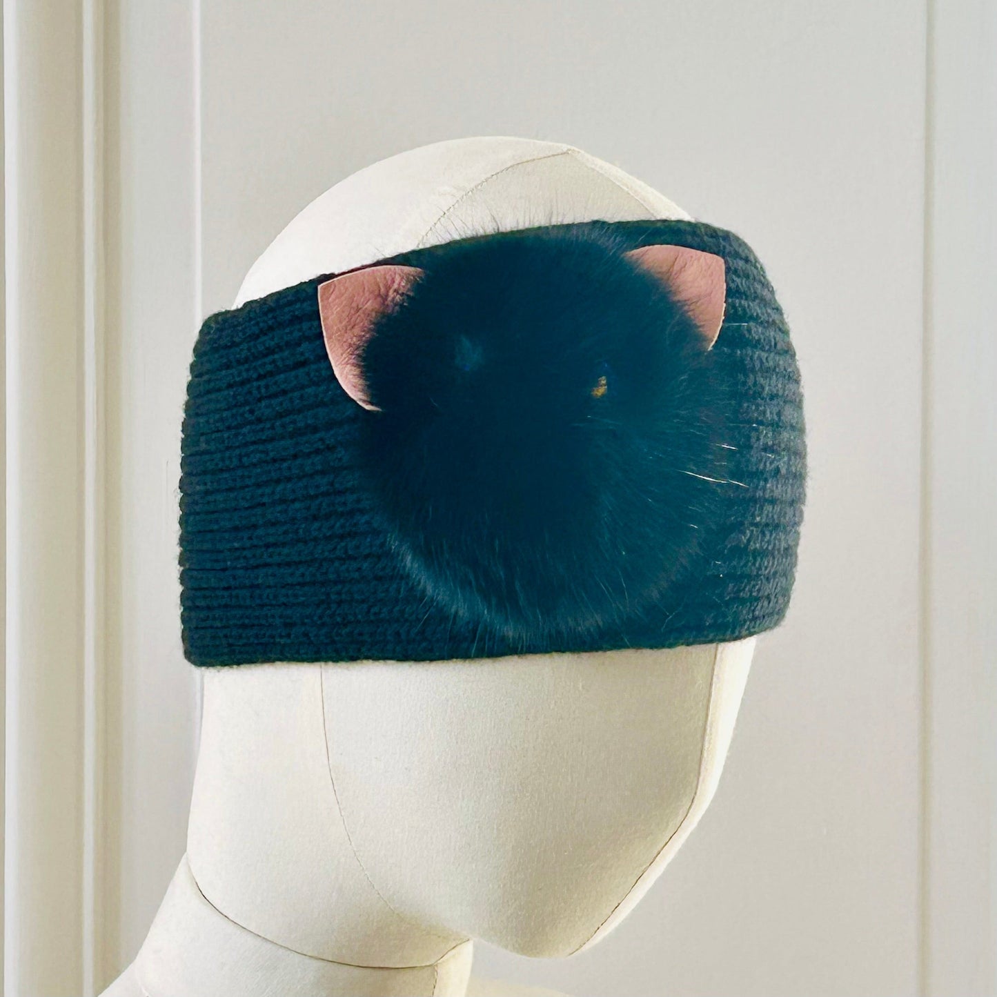 Bandeau à cotes chat noir tricoté en France 100% merinos