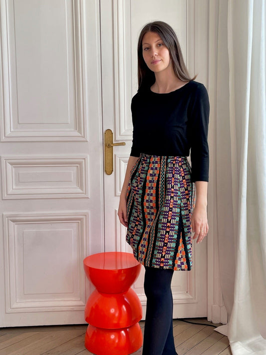 Jupe à taille élastiquée en tweed noir, violet, orange et or fabriquée en France