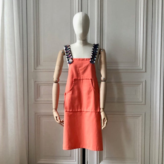 Tablier en coton corail et en tweed rayé multicolore tissé et fabriqué en France