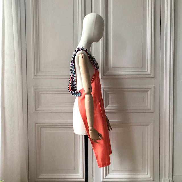 Tablier en coton corail et en tweed rayé multicolore tissé et fabriqué en France