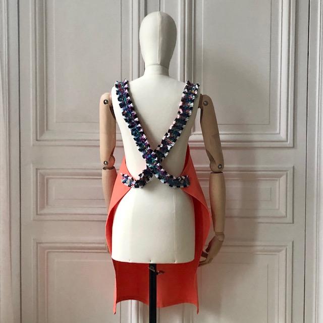 Tablier en coton corail et en tweed rayé multicolore tissé et fabriqué en France