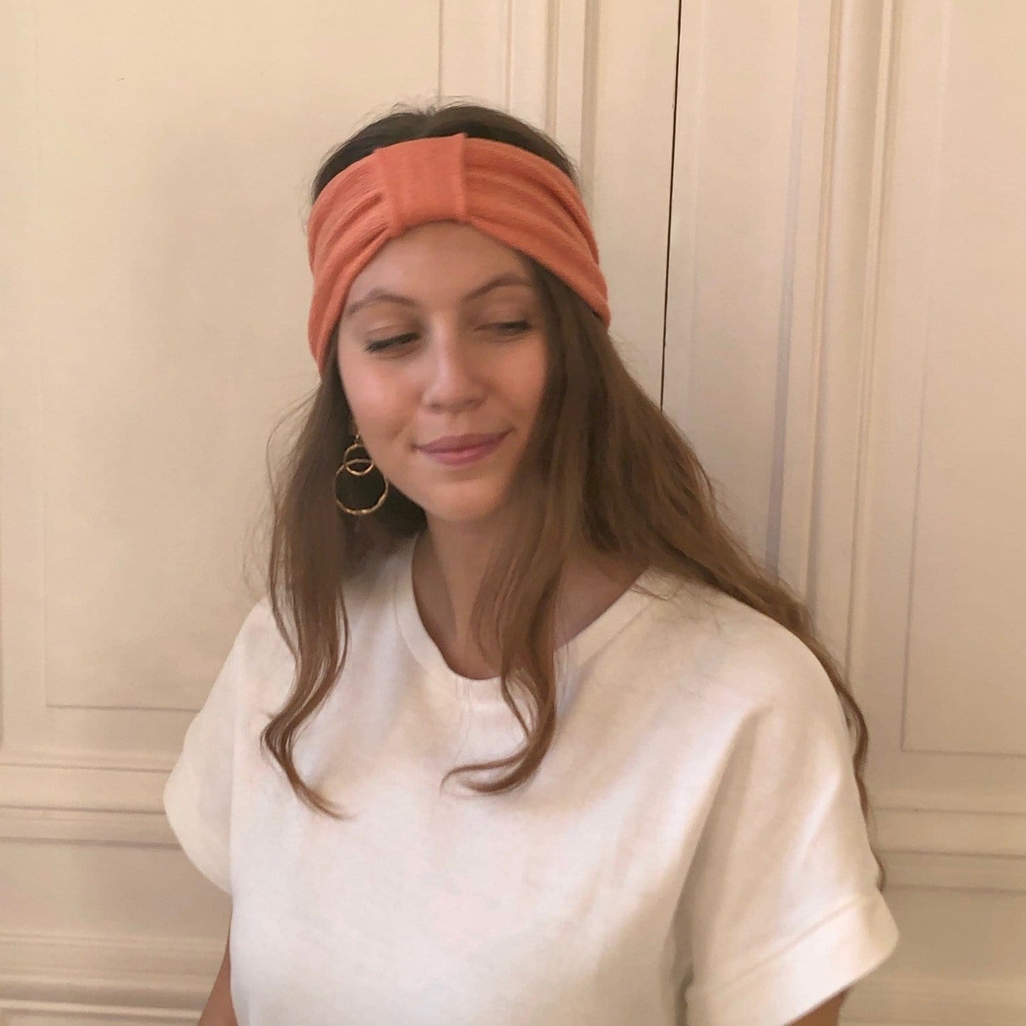 Headband corail tricoté en en France 58% cachemire 42% lin
