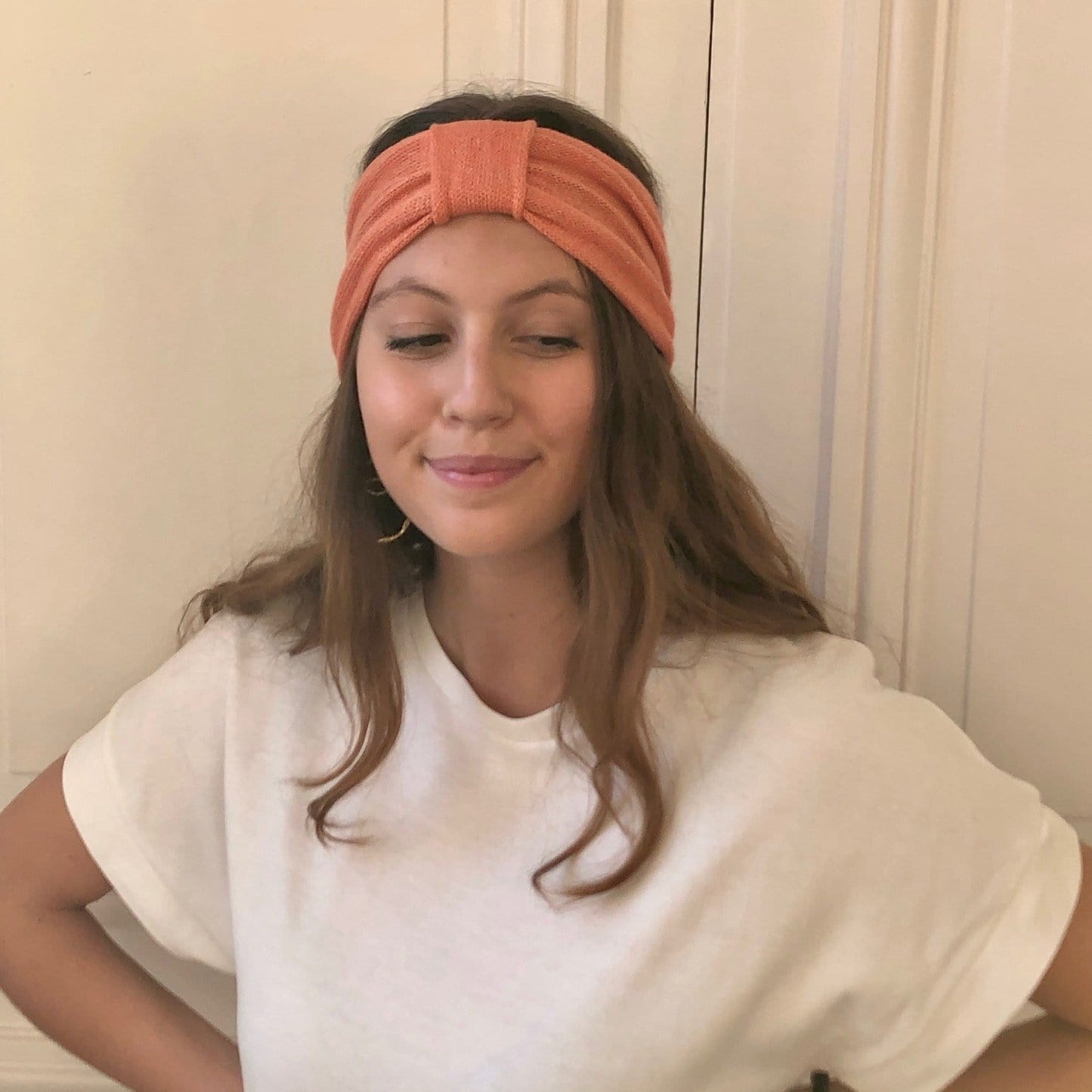 Headband corail tricoté en en France 58% cachemire 42% lin