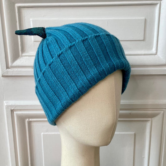 Bonnet marin à côtes bleu avec oreilles en tweed tricoté en France 100% cachemire