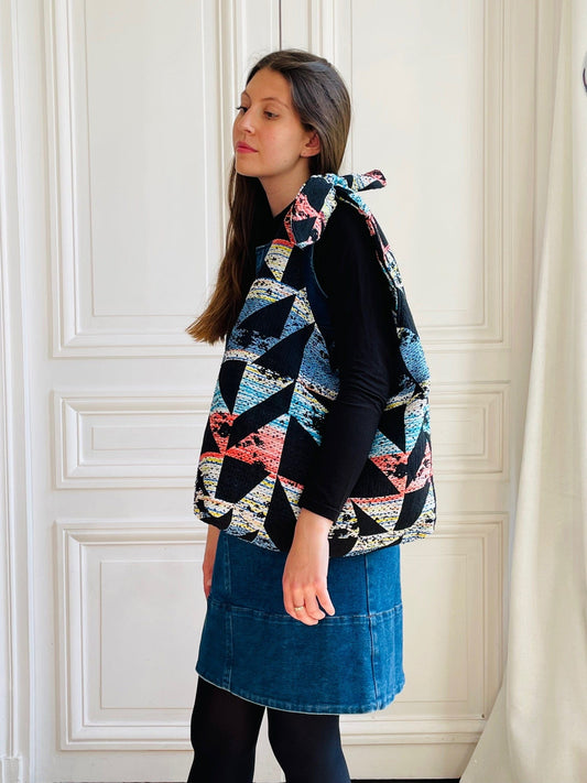 Sac Angèle en tweed bleu, blanc, noir, jaune et corail tissé et fabriqué en France
