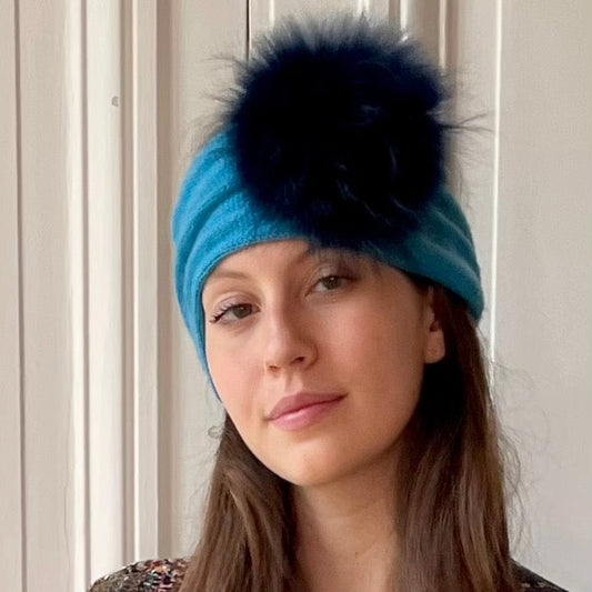 Headband maille mousseuse bleu 100% cachemire avec pompon en fourrure
