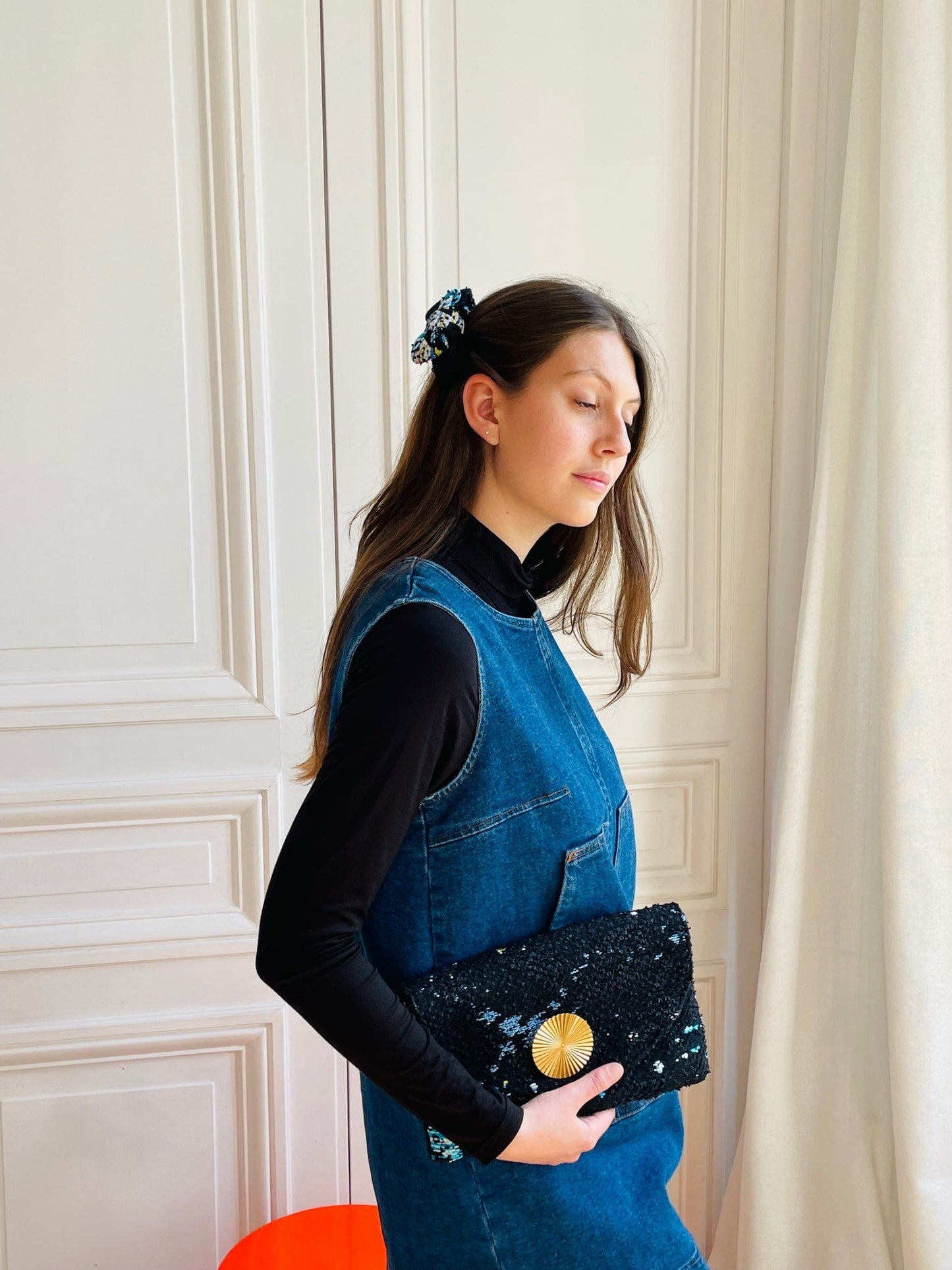 Barrette Evesome en tweed bleu, blanc, jaune, corail