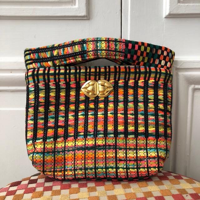 Pochette Agathe en tweed rose, jaune, turquoise, orange, vert et noir tissé et fabriquée en France