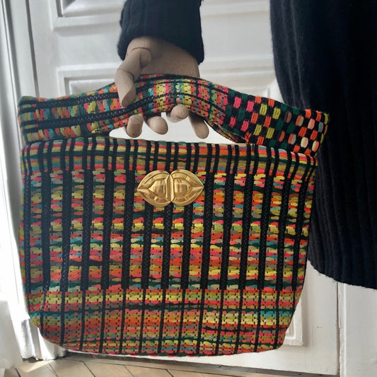Pochette Agathe en tweed rose, jaune, turquoise, orange, vert et noir tissé et fabriquée en France