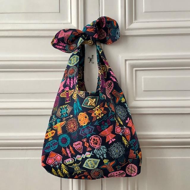 Sac Angèle en tweed bleu marine, orange, rose, turquoise et jaune tissé et fabriqué en France