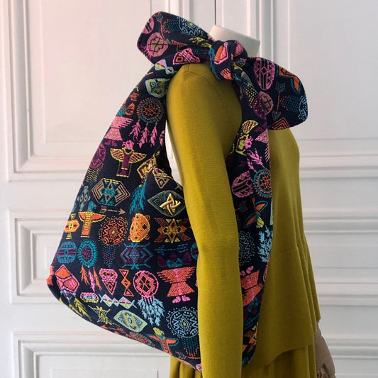 Sac Angèle en tweed bleu marine, orange, rose, turquoise et jaune tissé et fabriqué en France