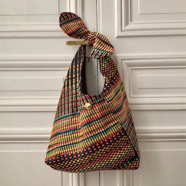 Sac Angèle en tweed noir, jaune, turquoise, vert émeraude, corail et orange tissé et fabriqué en France