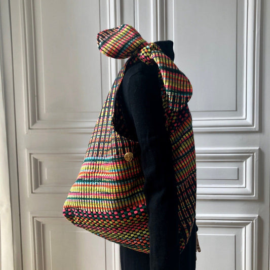 Sac Angèle en tweed noir, jaune, turquoise, vert émeraude, corail et orange tissé et fabriqué en France