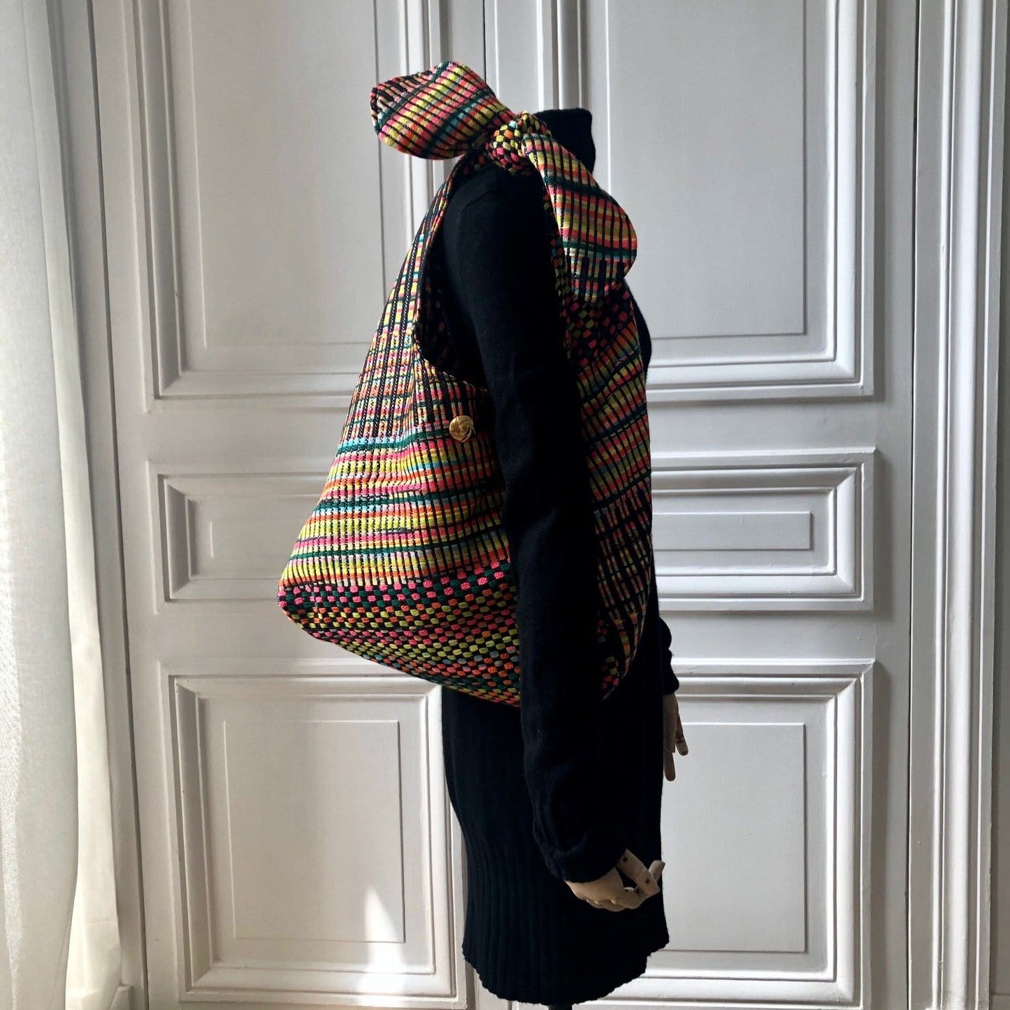 Sac Angèle en tweed noir, jaune, turquoise, vert émeraude, corail et orange tissé et fabriqué en France