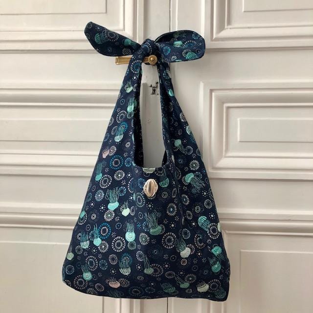 Sac Angèle en tweed méduses bleu marine, turquoise et argenté tissé et fabriqué en France