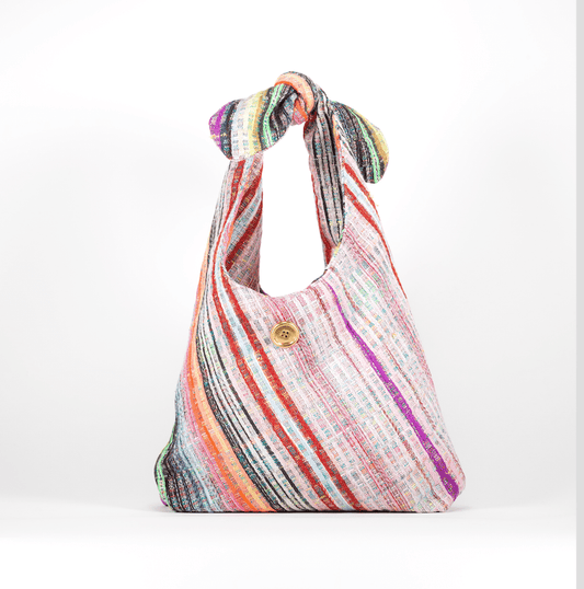 Sac Angèle en tweed rose tendre, rose vif, rouge, noir, jaune, lilas et orange tissé et fabriqué en France