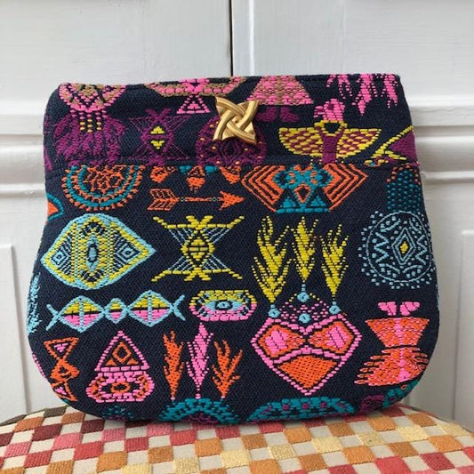 Pochette Irène en tweed bleu marine, orange, rose, turquoise et jaune tissé et fabriquée en France