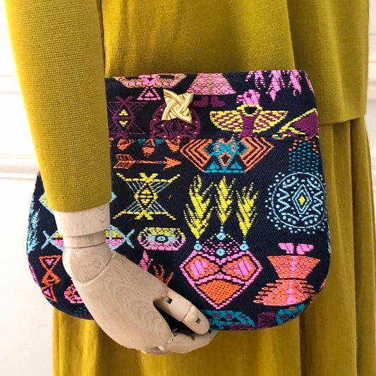 Pochette Irène en tweed bleu marine, orange, rose, turquoise et jaune tissé et fabriquée en France