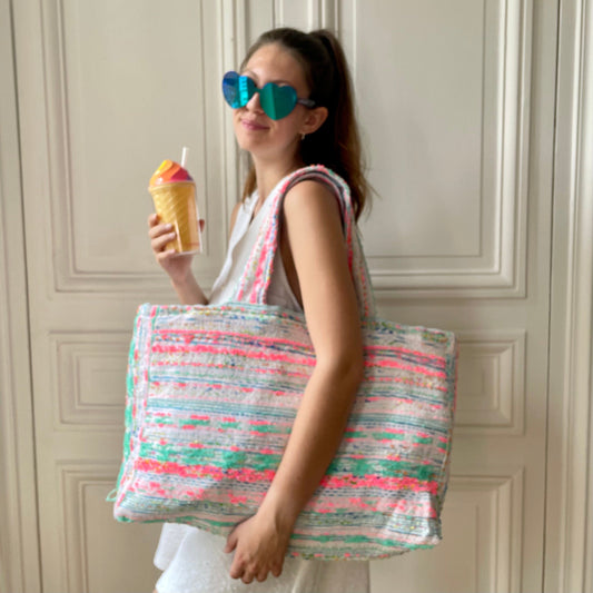 Sac Justine en tweed bleu, rose fluo, blanc et vert d'eau tissé et fabriqué en France