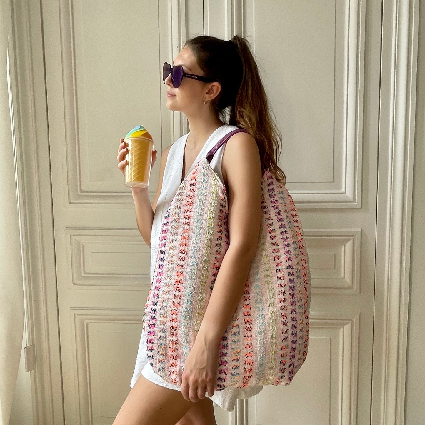Sac Yvette en tweed rose, orange, bleu ciel et vert tissé et fabriqué en France