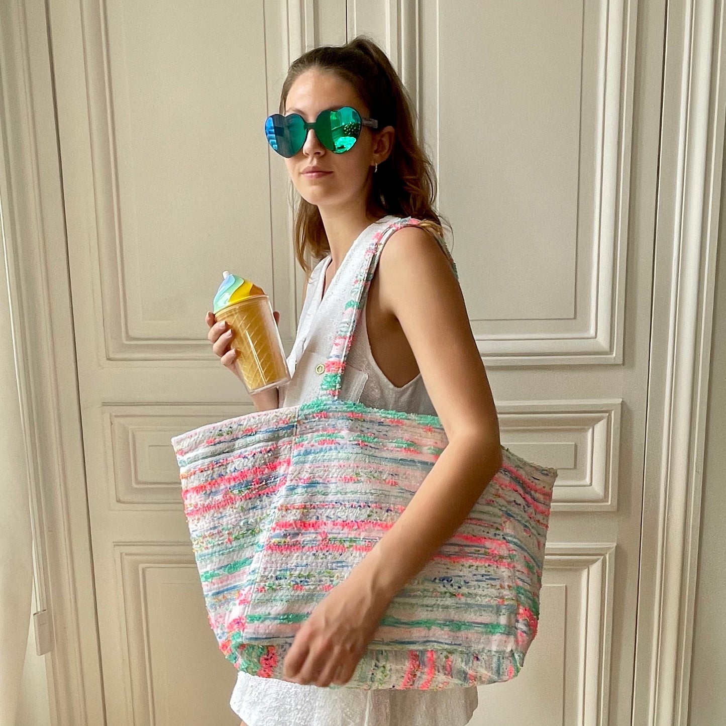 Sac Sébastien en tweed bleu, rose fluo, blanc et vert d'eau tissé et fabriqué en France