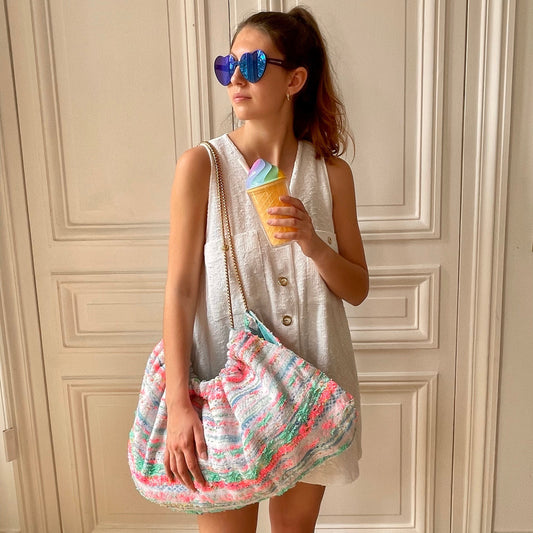 Sac Bénédicte en tweed bleu, rose fluo, blanc et vert d'eau tissé et fabriqué en France