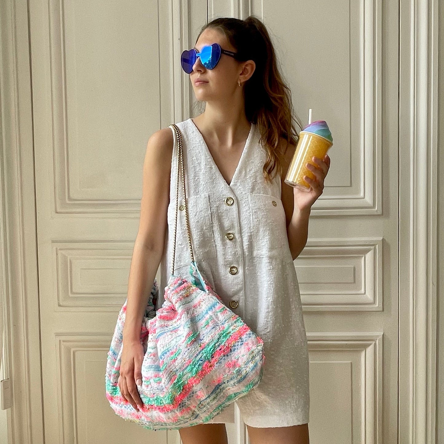 Sac Bénédicte en tweed bleu, rose fluo, blanc et vert d'eau tissé et fabriqué en France