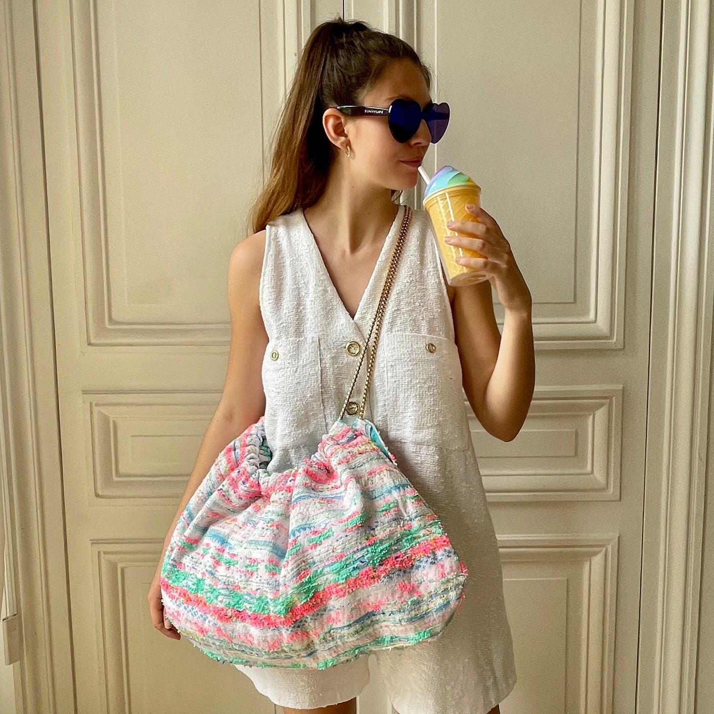 Sac Bénédicte en tweed bleu, rose fluo, blanc et vert d'eau tissé et fabriqué en France