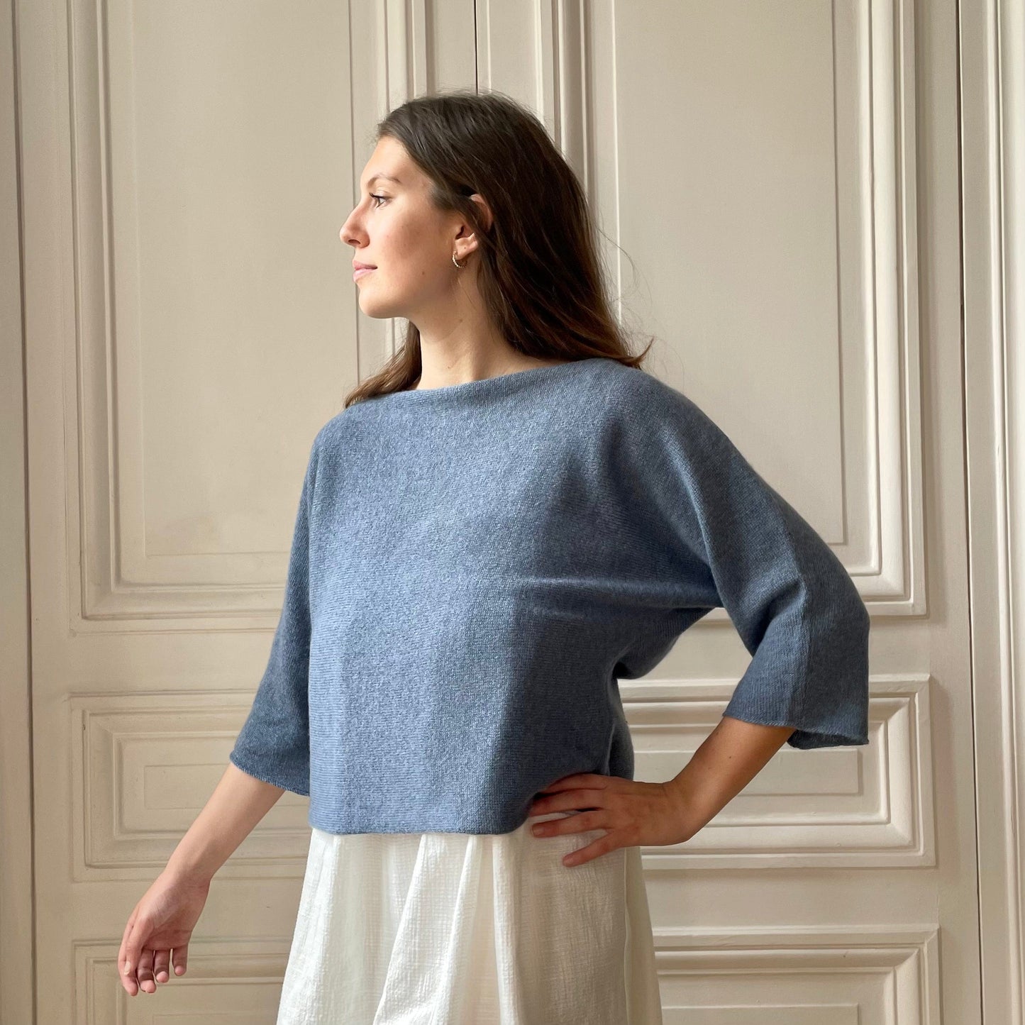 Pull court manches courtes 58% cachemire 42% lin