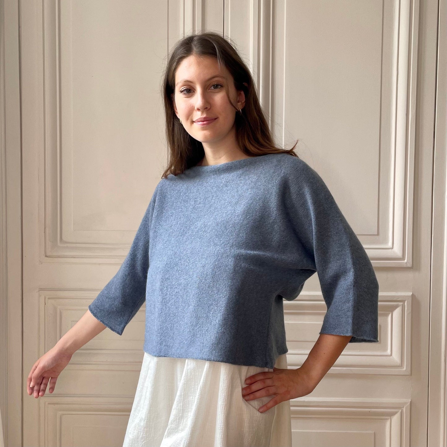 Pull court manches courtes 58% cachemire 42% lin