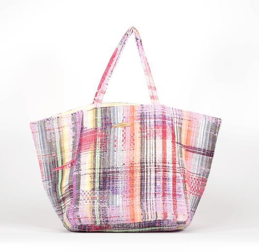 Sac Sébastien en tweed rose tendre, rose vif, rouge, noir, lilas et orange tissé et fabriqué en France