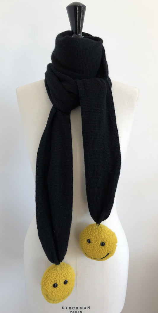 Écharpe Evesome maille mousseuse 100% cachemire avec pompons en fourrure de mouton Smiley - Evesome 100% Cashmere Foam Scarf with Smiley Sheepskin Fur Tassels