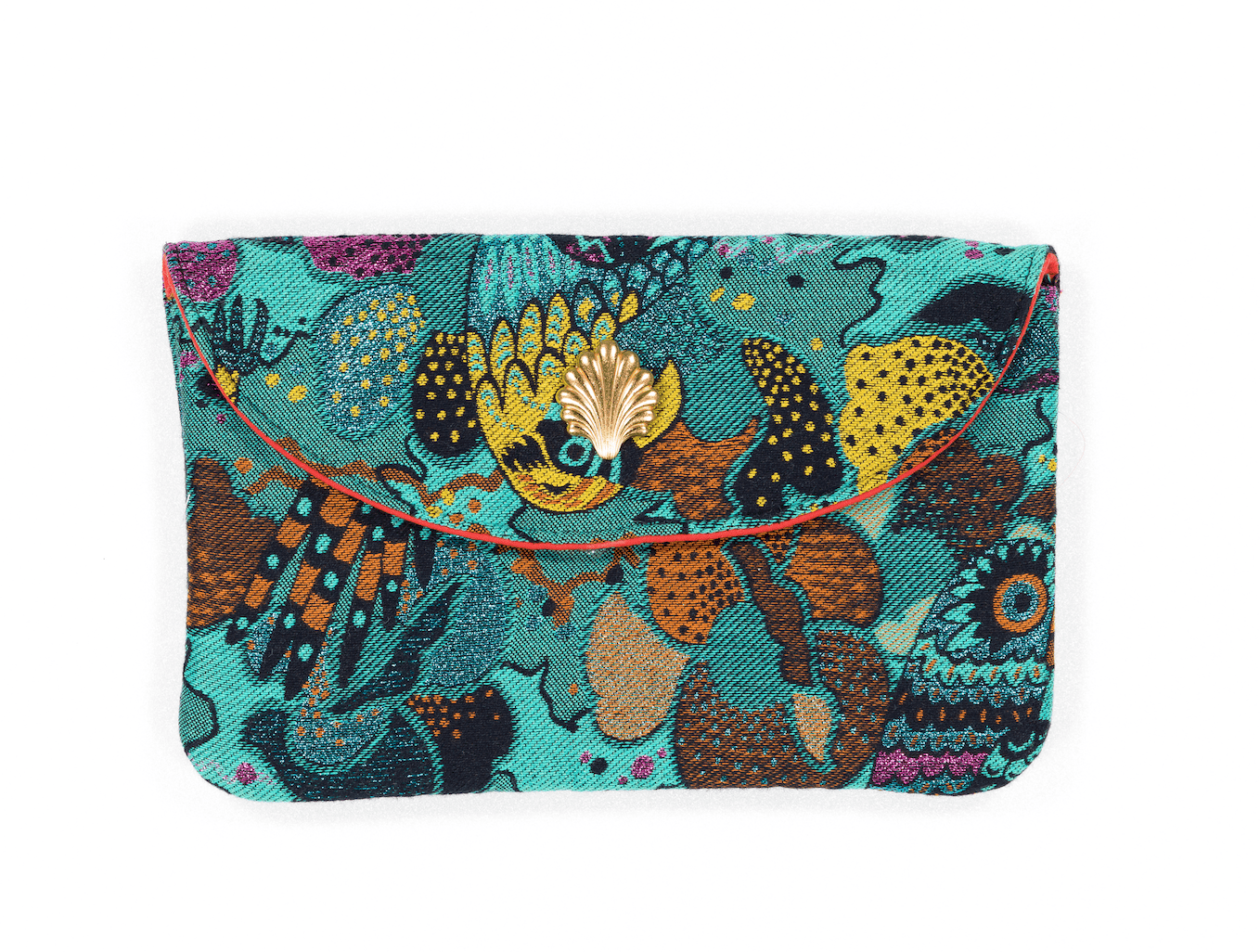 Pochette Louise en tweed turquoise rose, jaune et marine perroquets tissé et fabriquée en France