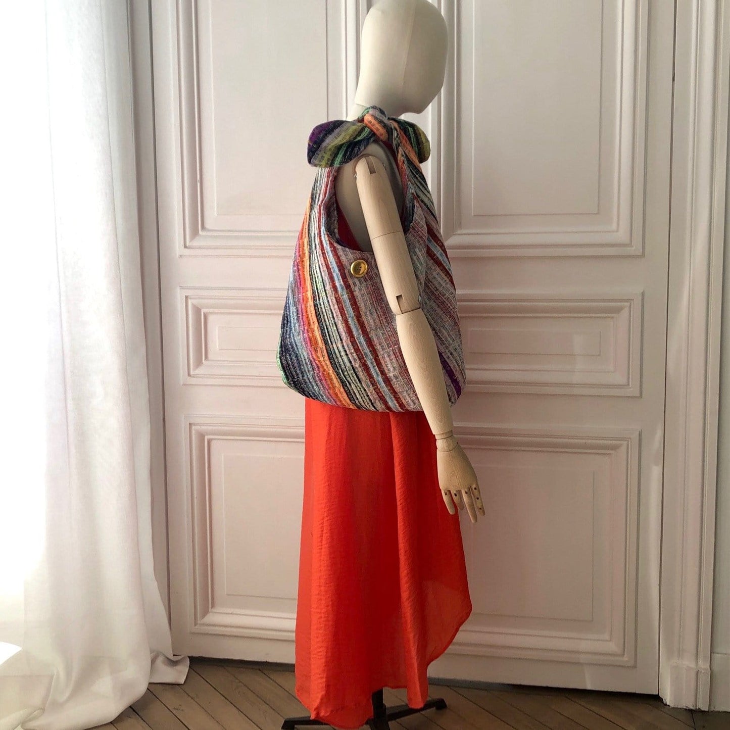 Sac Angèle en tweed rose tendre, rose vif, rouge, noir, jaune, lilas et orange tissé et fabriqué en France