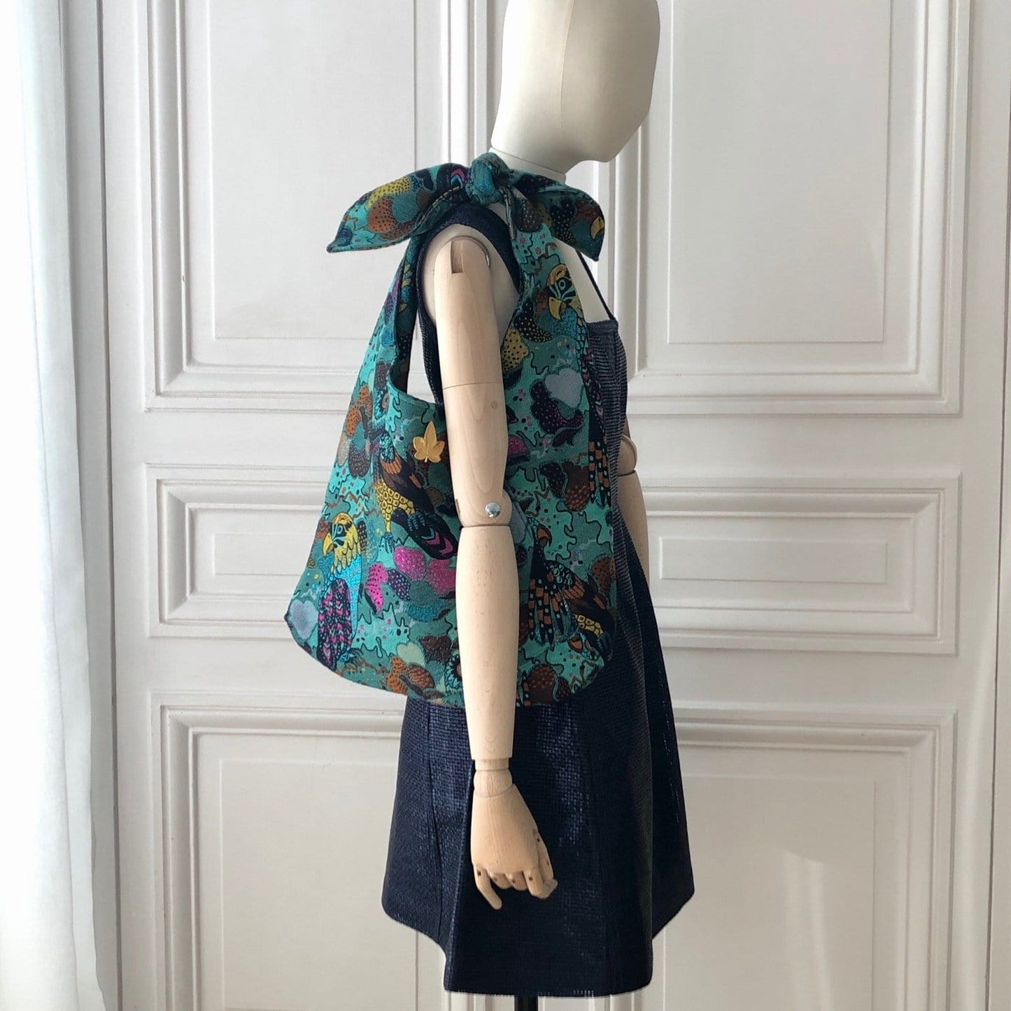 Sac Angèle en tweed perroquets turquoise, rose, jaune et marine tissé et fabriqué en France