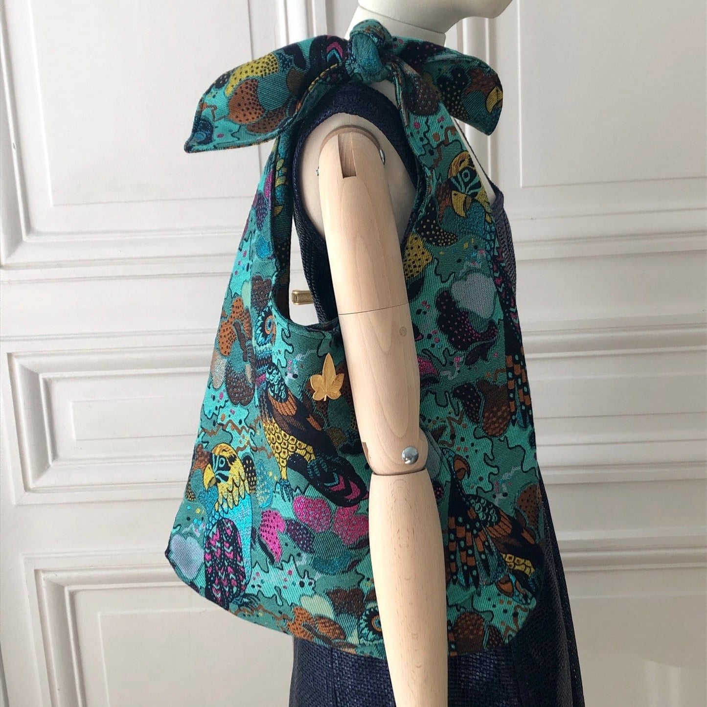 Sac Angèle en tweed perroquets turquoise, rose, jaune et marine tissé et fabriqué en France