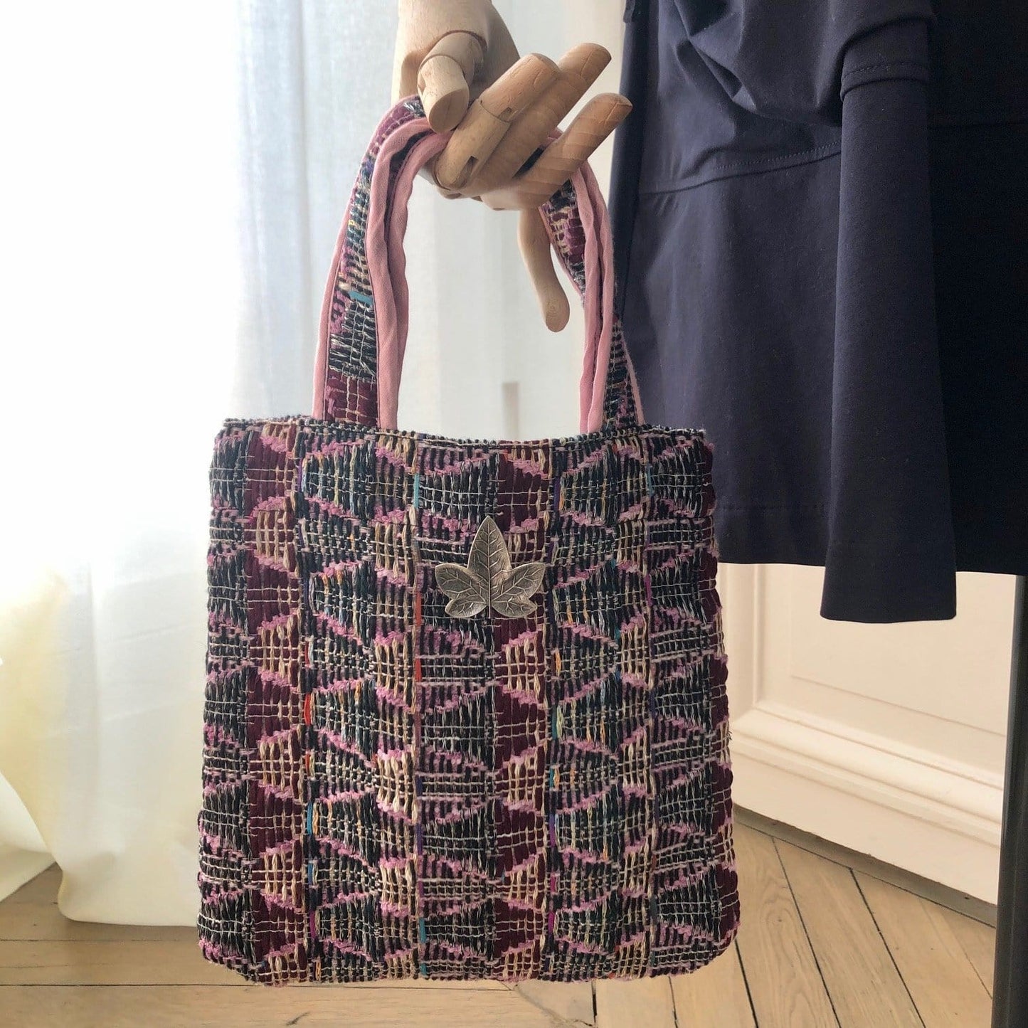 Mini sac Bienvenue en tweed lilas, rose et marine tissé et fabriqué en France