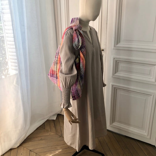 Sac Angèle en tweed rose tendre, rose vif, rouge, noir, jaune, lilas et orange tissé et fabriqué en France