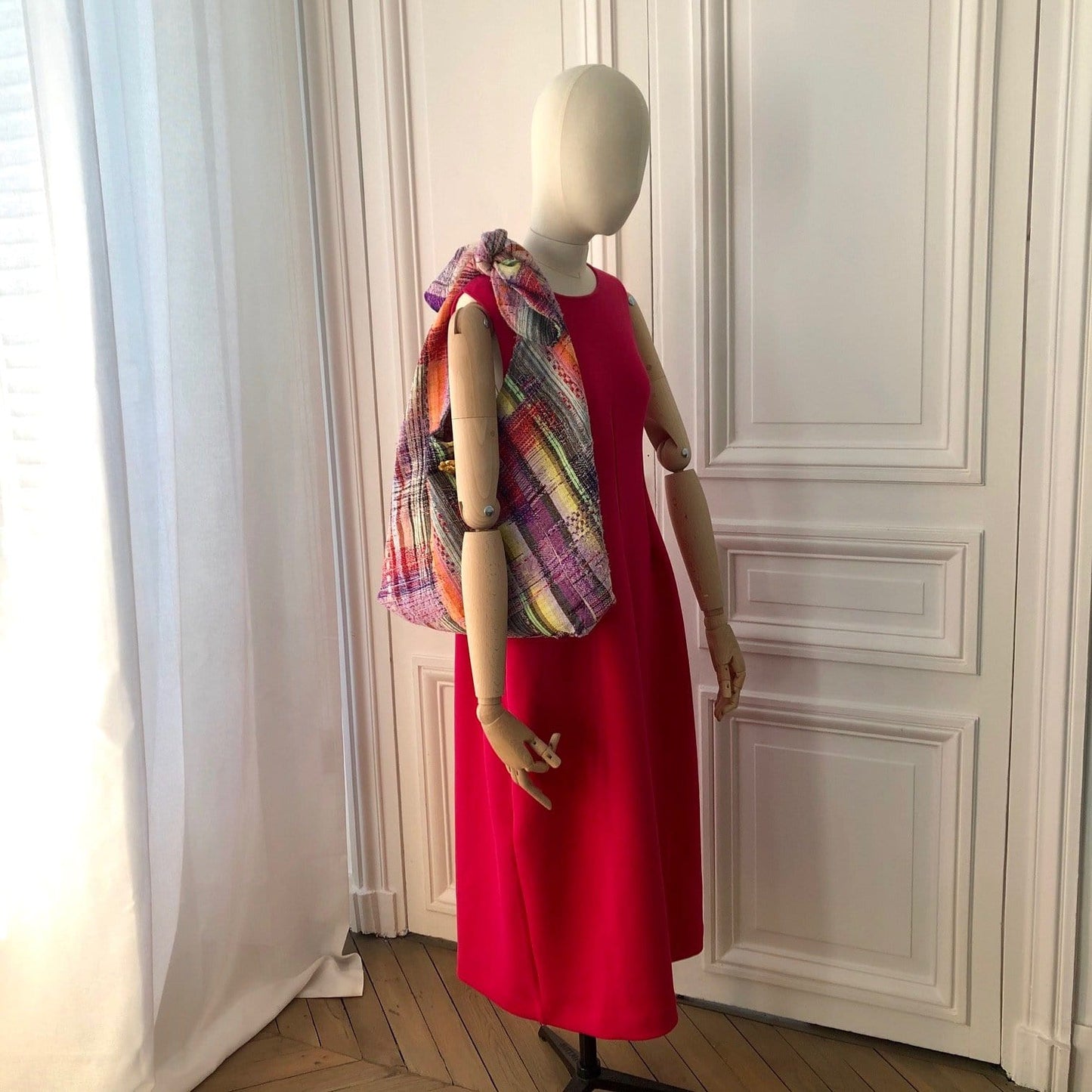 Sac Angèle en tweed rose tendre, rose vif, rouge, noir, jaune, lilas et orange tissé et fabriqué en France