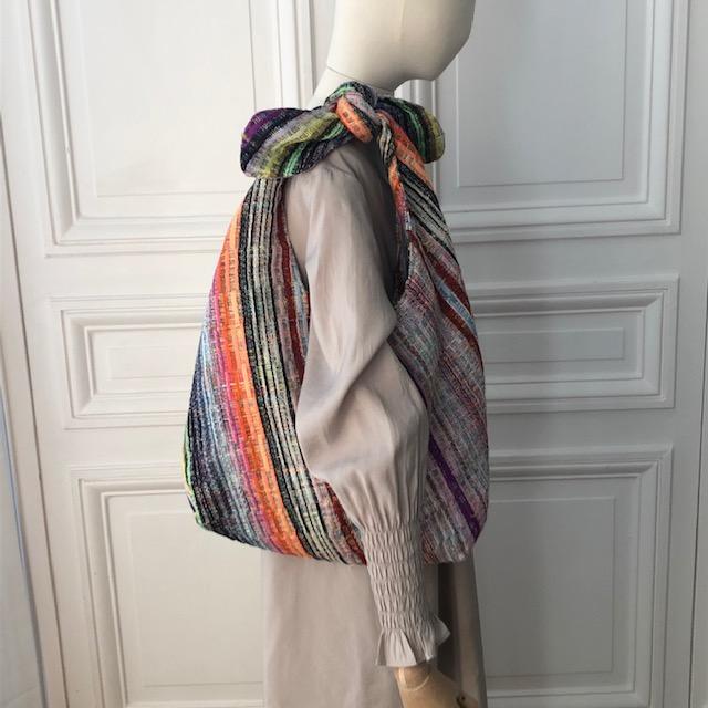 Sac Angèle en tweed rose tendre, rose vif, rouge, noir, jaune, lilas et orange tissé et fabriqué en France