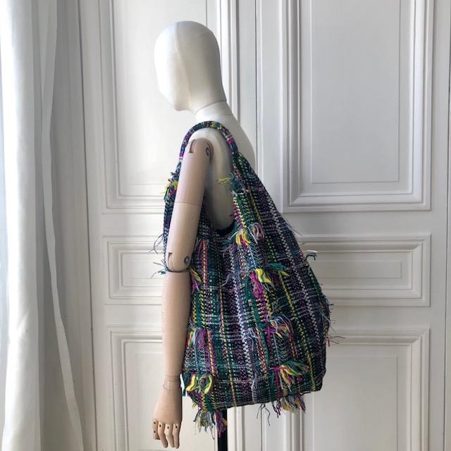 Sac Yvette en tweed vert émeraude, jaune, blanc et rose tissé et fabriqué en France