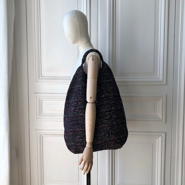 Sac Yvette en tweed noir, rouge, rose, vert et blanc tissé et fabriqué en France