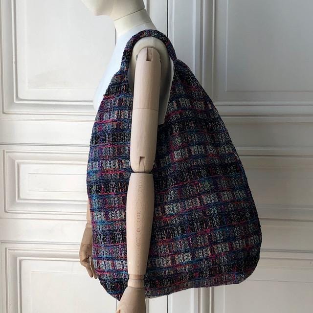 Sac Yvette en tweed noir, blanc, gris, rose, lilas, et bleu tissé et fabriqué en France