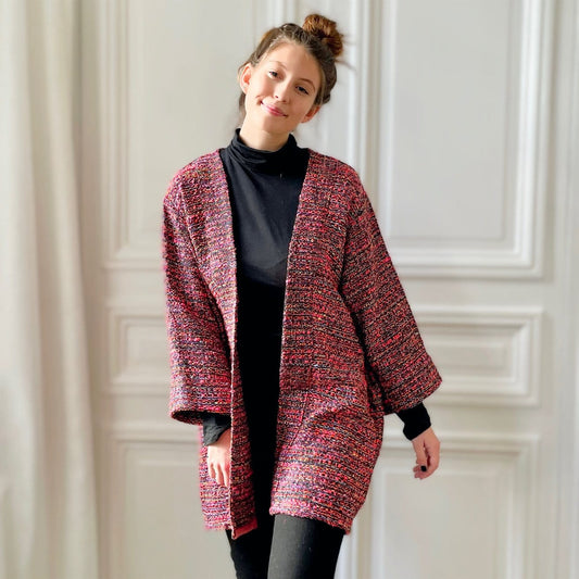 Kimono en tweed rose et noir tissé et fabriqué en France