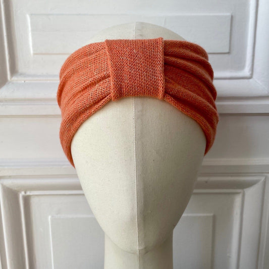 Headband corail tricoté en en France 58% cachemire 42% lin