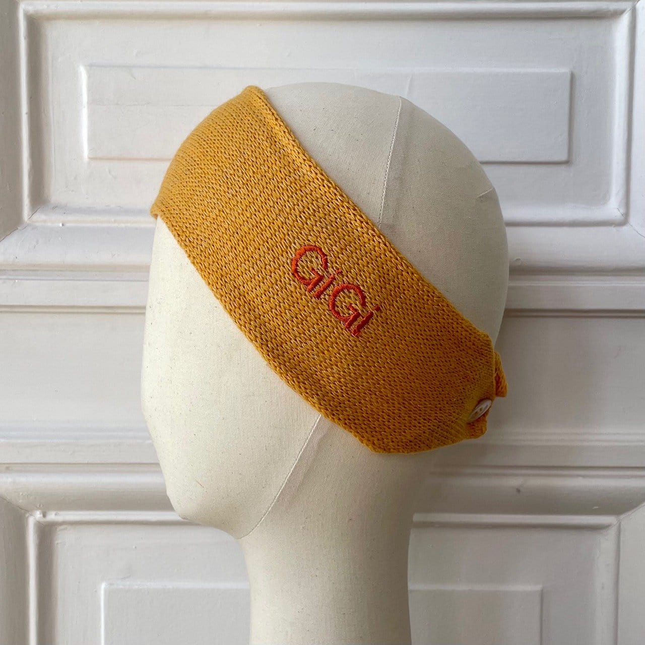Bandeau jaune orangé 58% cachemire 42% lin tricoté en France