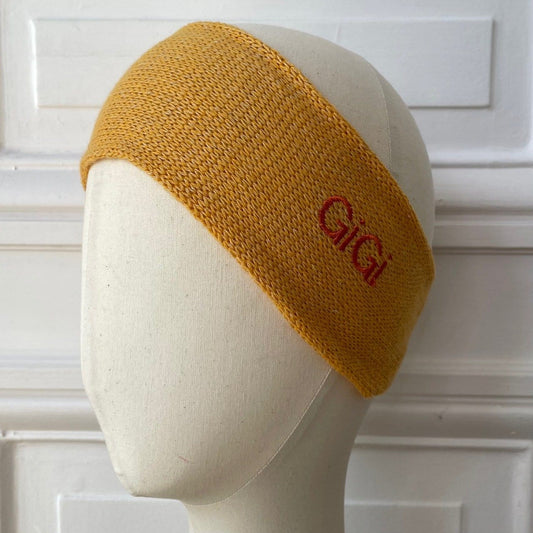 Bandeau jaune orangé 58% cachemire 42% lin tricoté en France