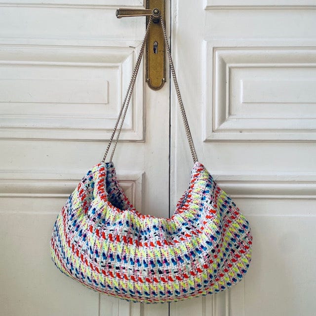 Housse de sac Mini Bénédicte en tweed bleu, rouge, jaune et blanc tissé et fabriqué en France